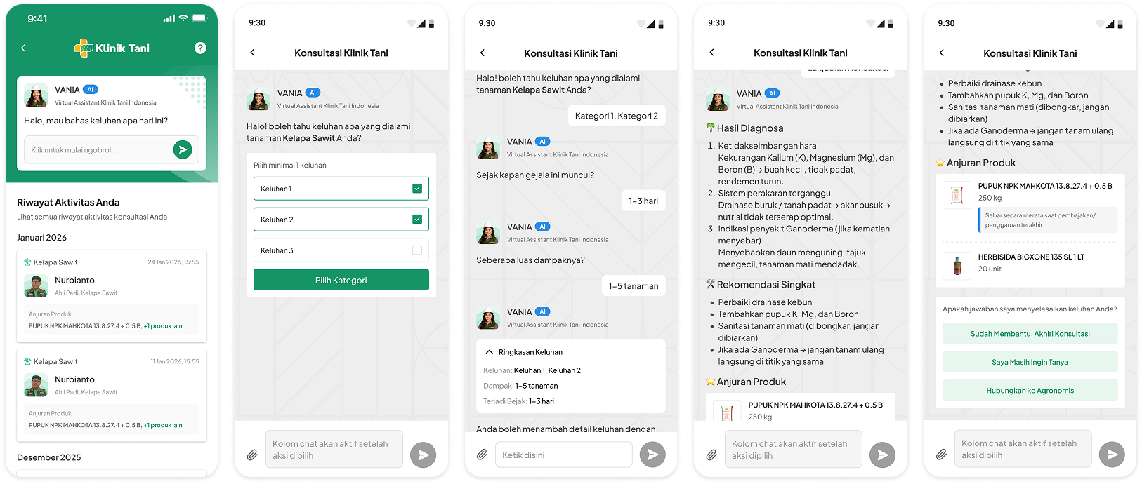 AI-powered chat consultation flow in the Klinik Tani app, showing the diagnosis handoff to a human agronomist