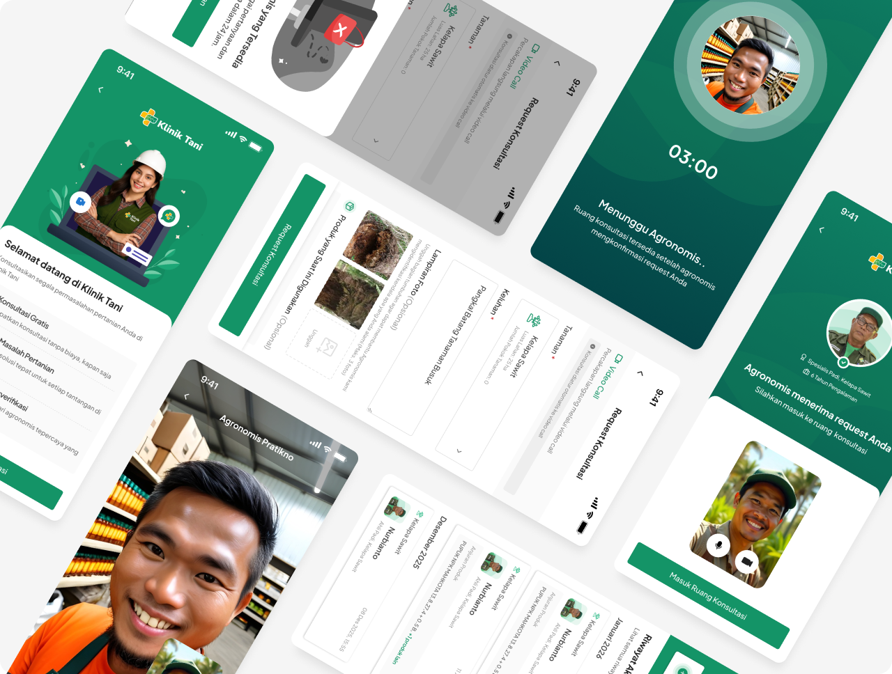 Collage of Klinik Tani consultation screens: video call, diagnosis, and product recommendation flow