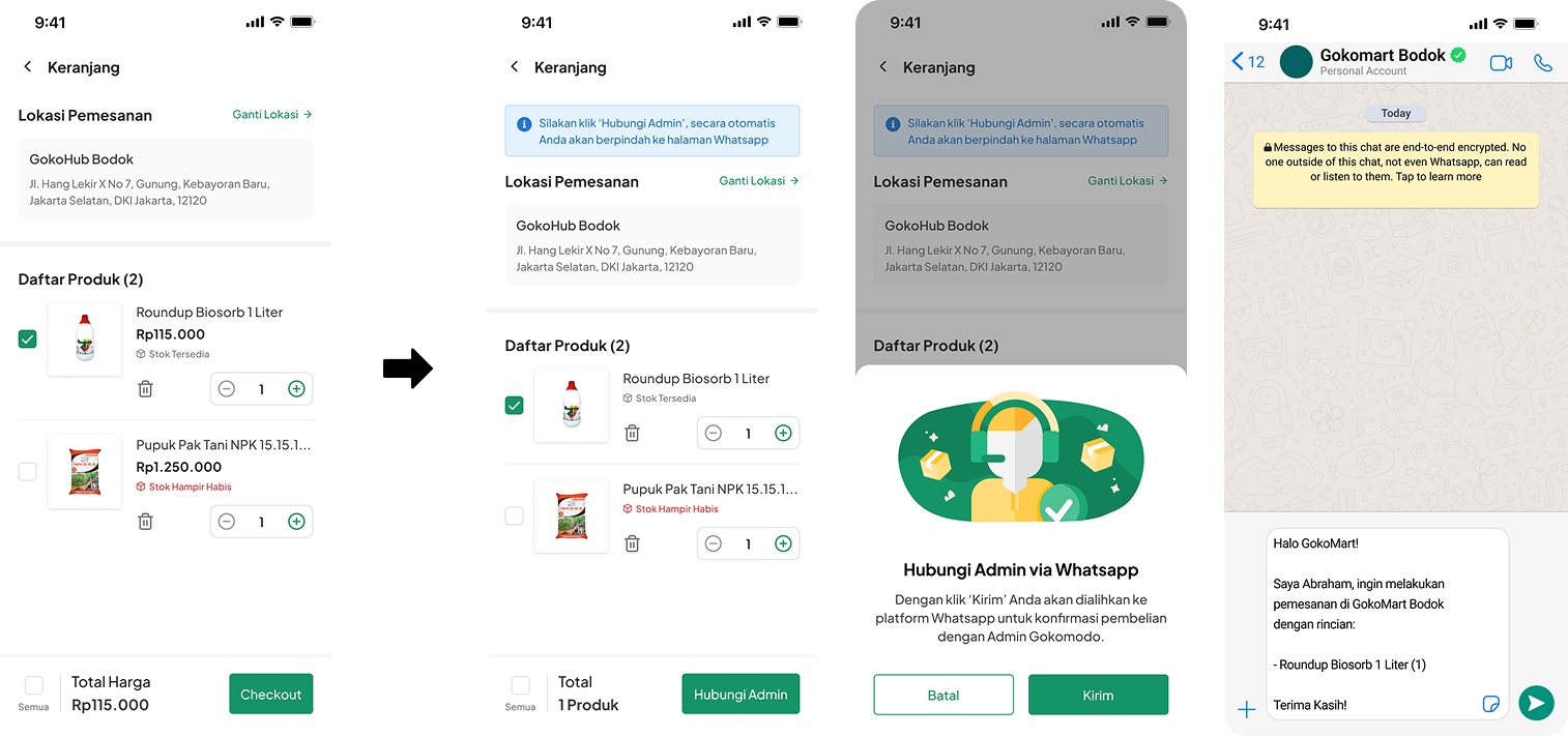 Initial concept cart screen with visible prices and a checkout button, next to the final design's Contact Admin flow that redirects to WhatsApp without displaying prices