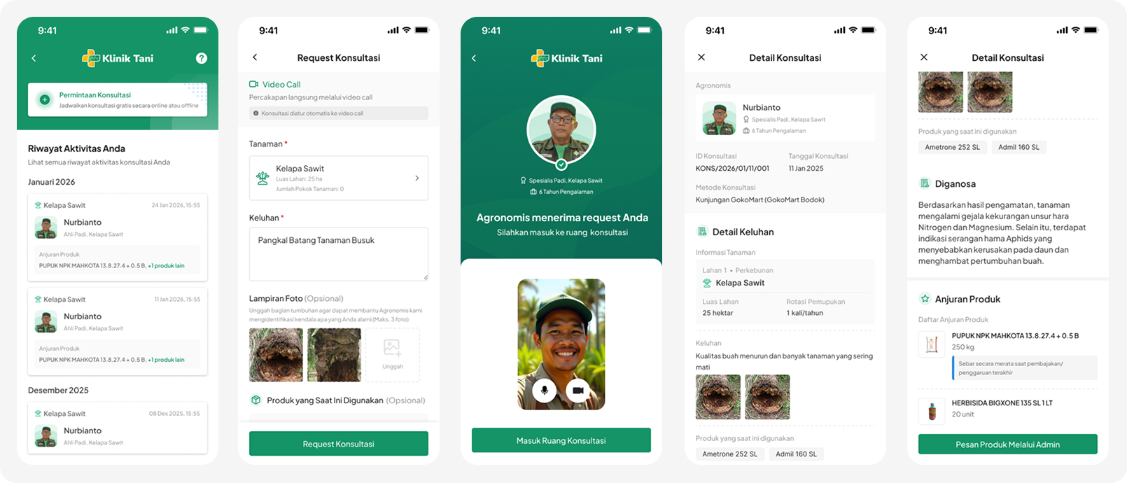 Klinik Tani consultation flow: requesting a consultation, joining the agronomist video call, and viewing the diagnosis with recommended products