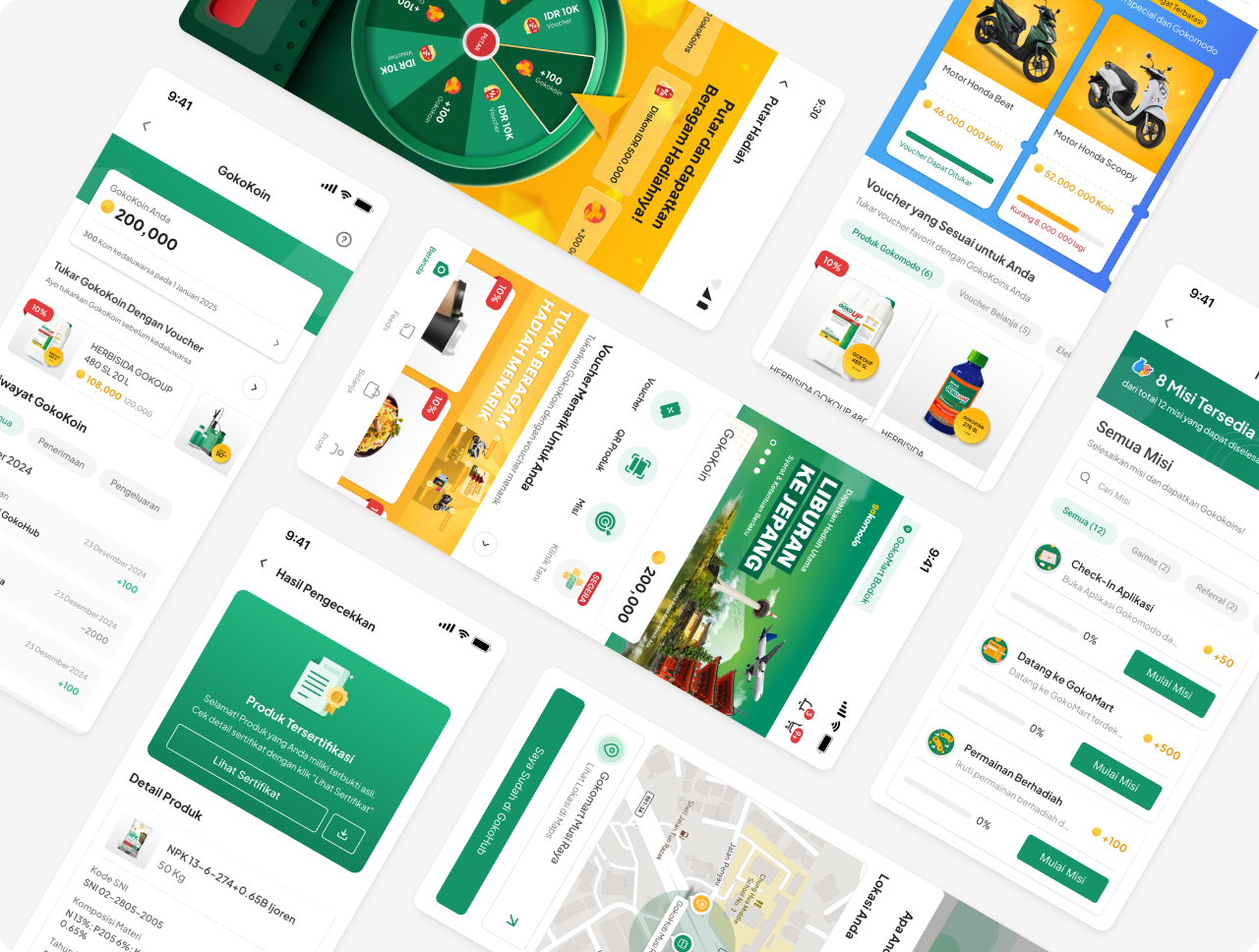 Collage of Gokokoin app screens: spin-the-wheel rewards, voucher redemption, mission checklist, product certification, and GokoMart store locator