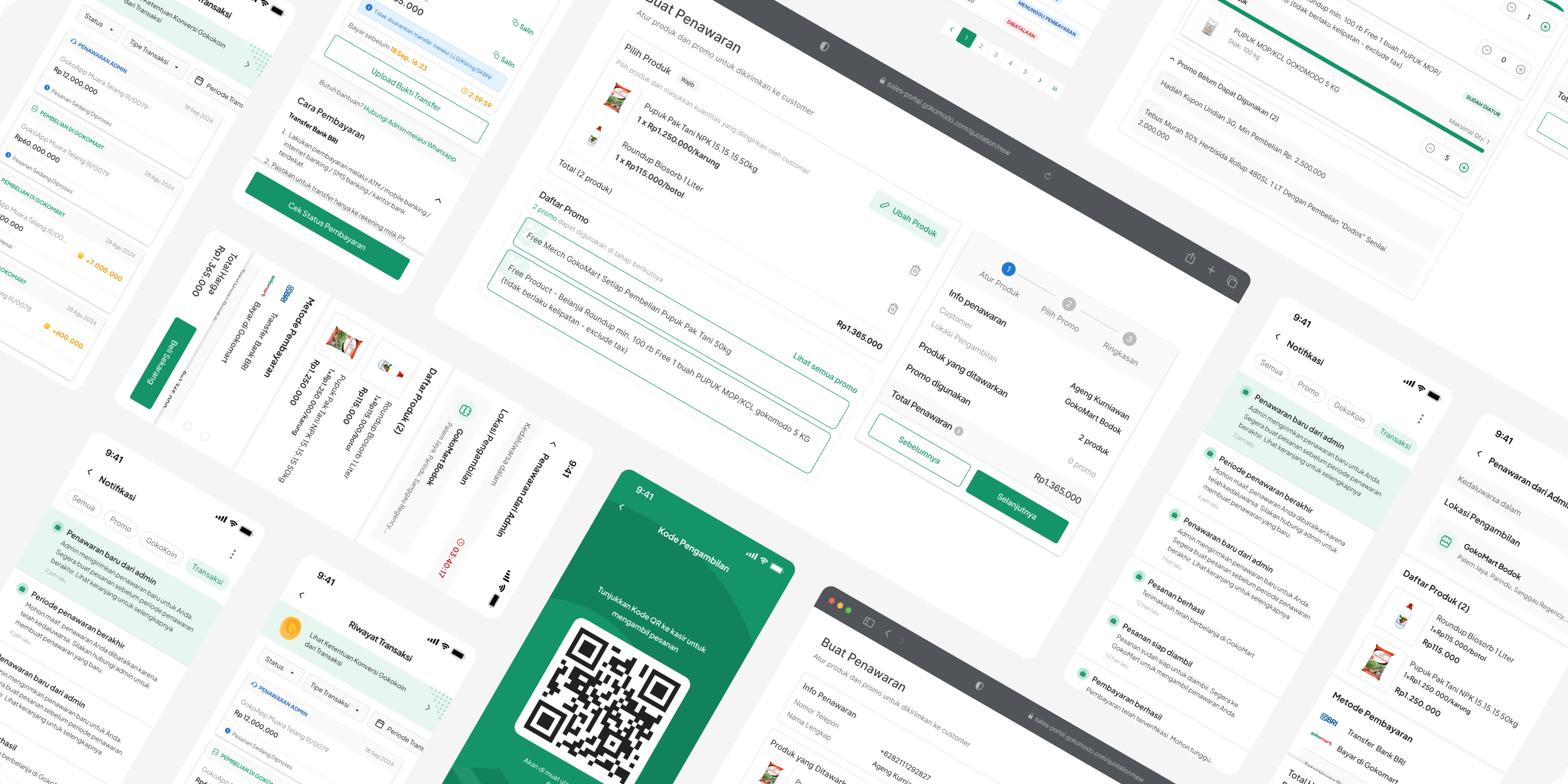 Collage of Gokomart Portal and customer app screens across the RFQ-to-Quotation ordering flow